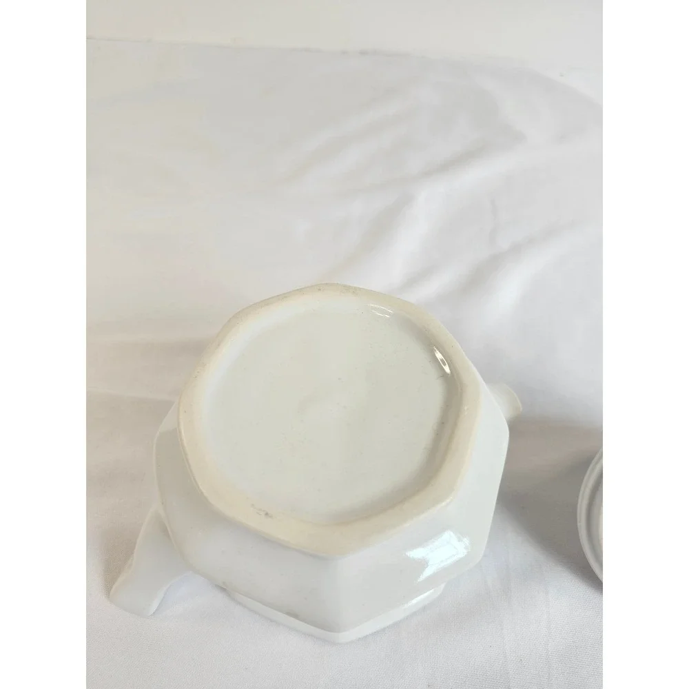 Vintage White Hexagonal Ceramic Teapot Blue Floral Small Individual Tea Pot Lid
